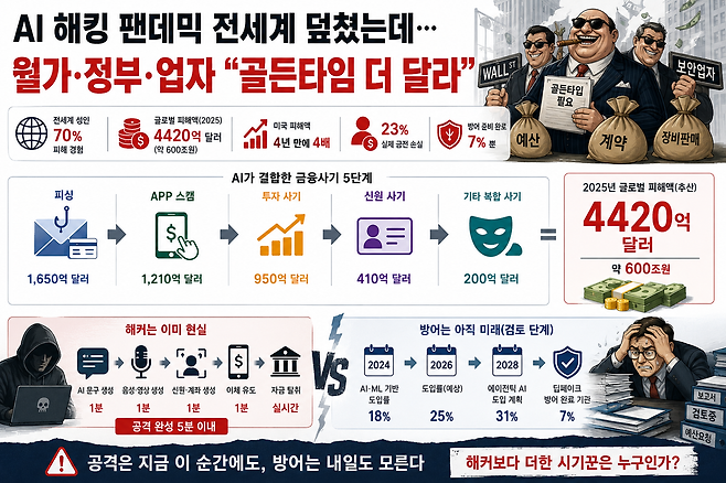 인공지능을 활용한 금융사기 공격이 전세계로 확산하고 있다. 공격자는 몇 분 만에 피싱 캠페인을 만들고 합성 신원과 가짜 음성·영상으로 피해자를 속인다. 반면 보안업계는 "AI가 만든 공격은 AI로 막아야 한다"며 대응 예산 확대를 요구하고 있다. /GPT-5.5 이미지 생성 2.0