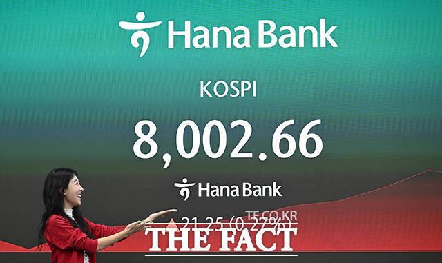 코스피가 사상 최초로 8000선을 돌파한 15일 오전 서울 중구 하나은행 딜링룸에 전광판에 코스피 지수가 표시되고 있다. /박헌우 기자