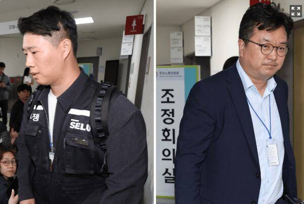 삼성전자 대표교섭위원인 김형로 부사장(사진 오른쪽)과 최승호 초기업노조 삼성전자지부 위원장이 13일 정부세종청사 중앙노동위원회에서 사후조정이 결렬된 후 각각 협상장을 떠나고 있다./연합뉴스