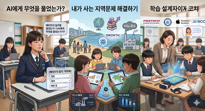 서용운 교수가 제안한 포항 ‘AI 교육특구’ 구상의 핵심축인 AI·메타인지 교육 의무화, 지역 문제 해결, 지역사회 학습 인프라의 참여를 시각화한 모습. /서용운 제공