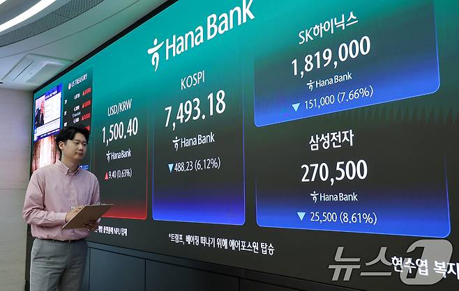 15일 오후 서울 중구 하나은행 본점 딜링룸에 코스피 지수와 SK하이닉스, 삼성전자 주가가 나오고 있다. 2026.5.15 ⓒ 뉴스1 안은나 기자
