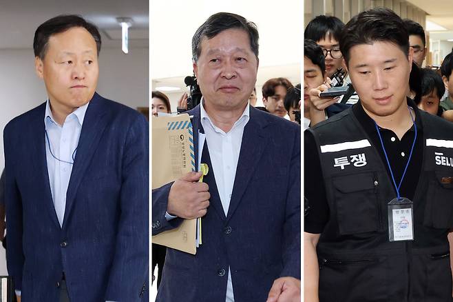 왼쪽부터 2차 사후조정이 열린 중노위 조정회의장으로 각각 들어가는 삼성전자 사측 대표교섭위원인 여명구 DS(반도체 부문) 피플팀장, 박수근 중앙노동위원장, 삼성그룹 초기업노동조합 삼성전자지부 최승호 위원장. /연합뉴스