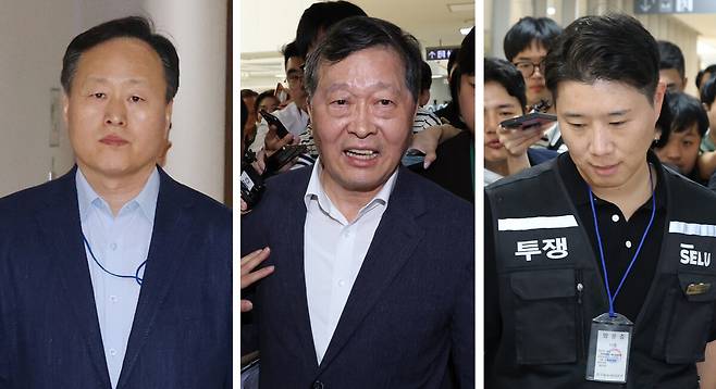 삼성전자 노사는 총파업 예고 시점을 사흘 앞둔 18일 정부세종청사 중앙노동위원회에서 정부 중재로 성과급 갈등을 둘러싼 마지막 협상을 벌이고 있다. 왼쪽부터 이날 2차 사후조정이 열린 중노위 조정회의장으로 각각 들어가는 삼성전자 사측 대표교섭위원인 여명구 DS(반도체 부문) 피플팀장(왼쪽부터), 박수근 중앙노동위원장, 삼성그룹 초기업노동조합 삼성전자지부 최승호 위원장. 연합뉴스