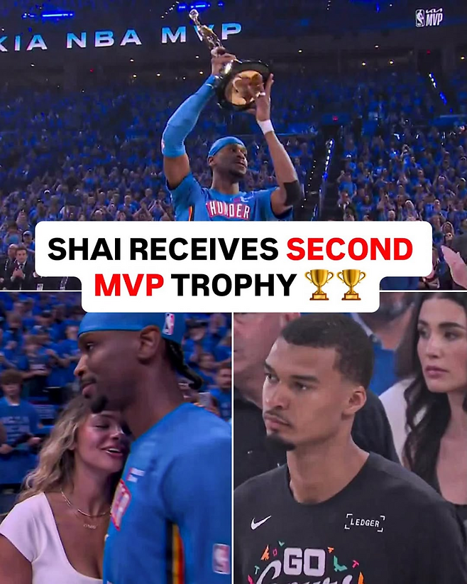 19일 페이컴센터에서 열린 서부콘퍼런스 결승 1차전을 앞두고 MVP 트로피를 수상하는 오클라호마 길저스-알렉산더(위). 사진=Sportscenter SNS
