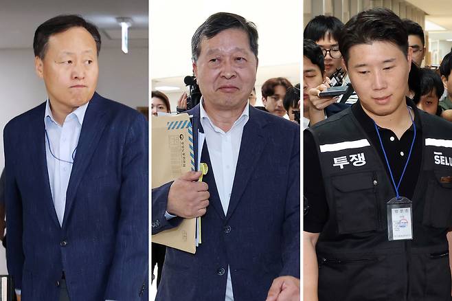 삼성전자 노사는 총파업 예고 시점을 사흘 앞둔 18일 정부세종청사 중앙노동위원회에서 정부 중재로 성과급 갈등을 둘러싼 마지막 협상을 벌이고 있다. 왼쪽부터 이날 2차 사후조정이 열린 중노위 조정회의장으로 각각 들어가는 삼성전자 사측 대표교섭위원인 여명구 DS(반도체 부문) 피플팀장, 박수근 중앙노동위원장, 삼성그룹 초기업노동조합 삼성전자지부 최승호 위원장. 연합뉴스