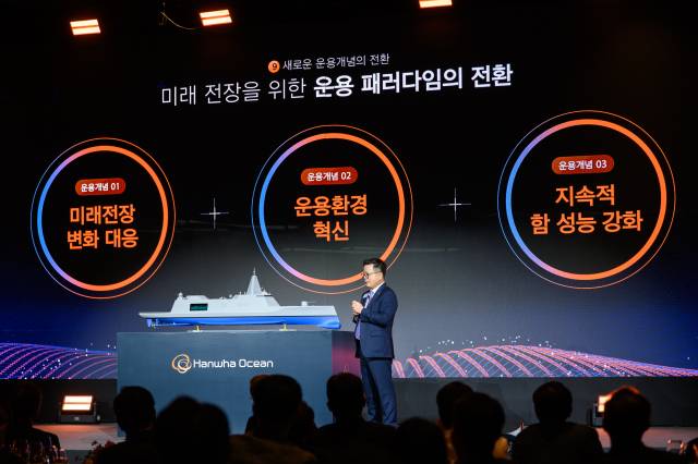 한화오션 특수선사업부 어성철 사장이 지난해 10월 열린 ‘제3회 차세대 함정 기술 연구회’에서 ‘차세대 전략 수상함’ 모형을 공개하고 있다. 부산일보DB