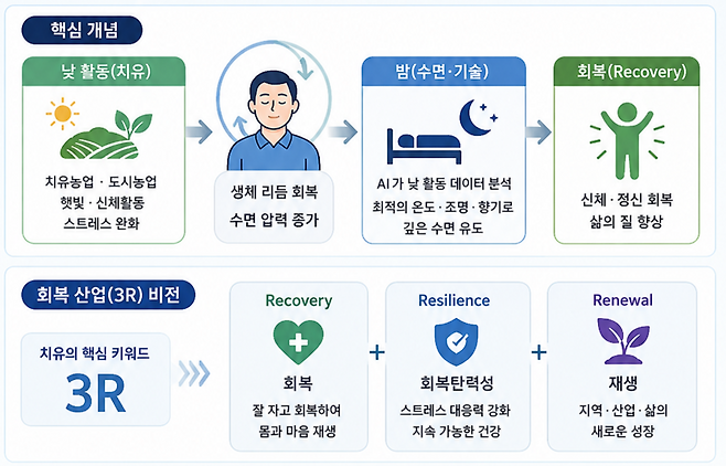 수면과 치유를 결합한 '회복 산업'이 주목받고 있다. 치유농업·AI·지역관광을 연계해 국민 건강을 회복하고 지방 소멸 위기까지 해결하는 새로운 국가 전략 산업 모델이 제시됐다. /챗GPT 제작 인포그래픽