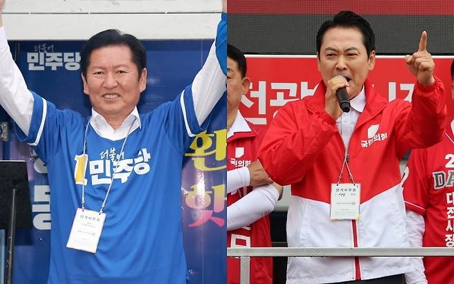 정청래 더불어민주당 대표(왼쪽)와 장동혁 국민의힘 대표가 6·3 지방선거 공식 선거운동 첫날인 21일 유세를 하고 있다. 연합뉴스