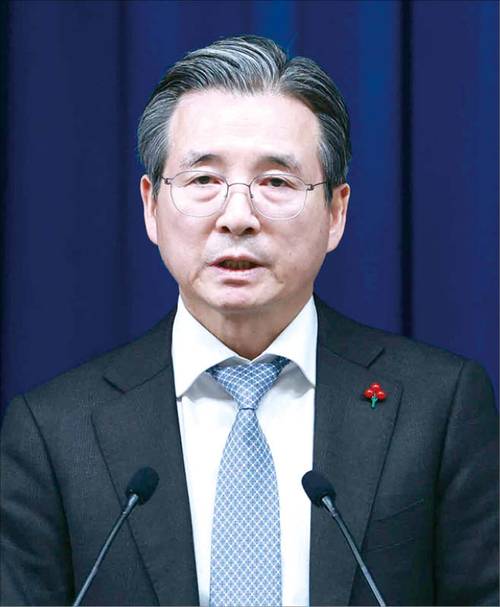 김용범 청와대 정책실장은 지난 5월 12일 페이스북에서 삼성전자·SK하이닉스 등 반도체 기업 초과이익에 대한 정부 정책 개입 가능성을 시사했다. 이에 코스피 지수는 당일 7999에서 7421까지 급격히 하락했다. 사진은 지난 5월 5일 용산 대통령실 기자회견장에서 브리핑하는 김용범 정책실장. (연합뉴스)
