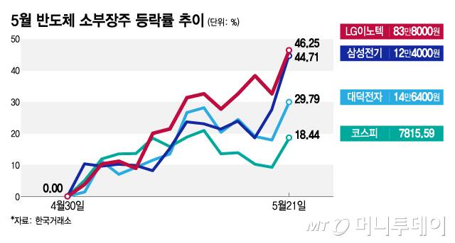 5월 반도체 소부장주 등락률 추이/그래픽=김지영