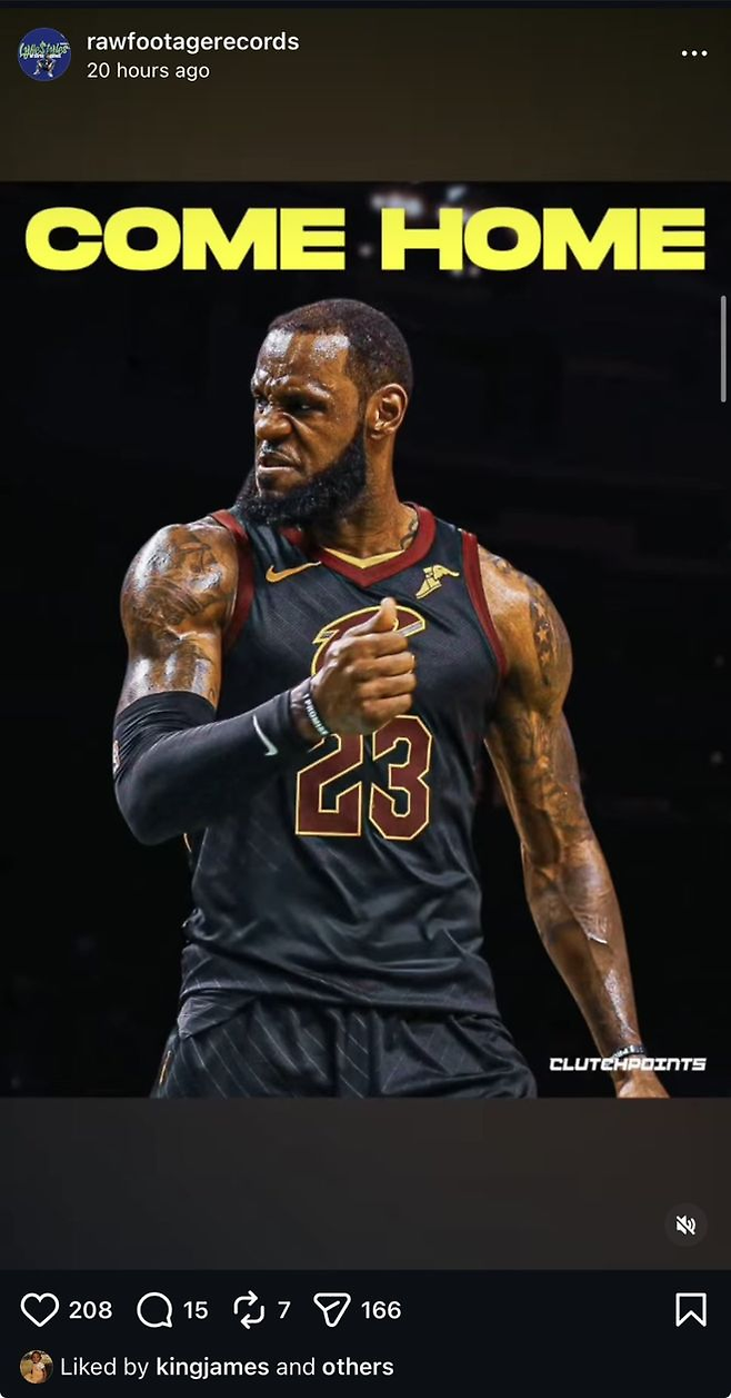 르브론 제임스가 자신의 클리블랜드 복귀 게시물에 좋아요를 눌러 NBA 팬의 관심을 모으고 있다. SNS 캡처