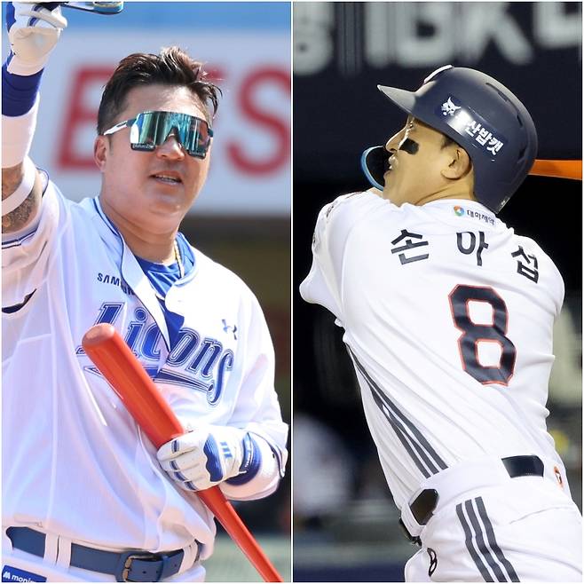 KBO 통산 최다안타 1위 자리를 놓고 경쟁 중인 삼성 최형우(왼쪽)와 두산 손아섭. 사진=IS 포토, 삼성 제공