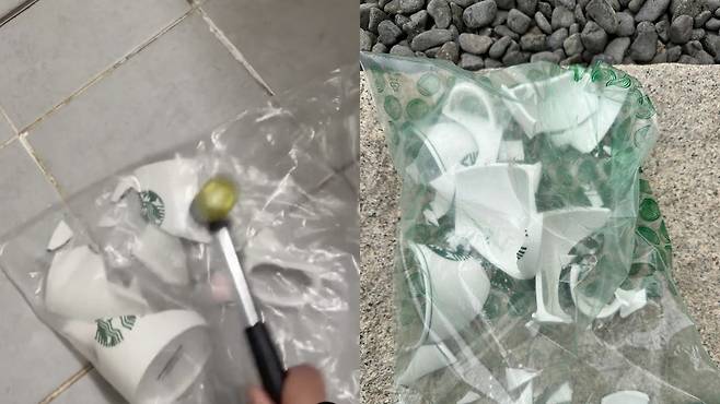 스타벅스 불매운동에 참여하는 이용자들이 컵을 망치로 부수는 모습. 사진 스래드 캡처