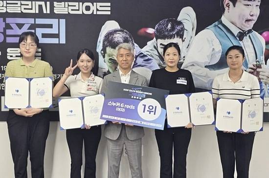 ‘2026 스누커 2차 그랑프리’ 스누커 6-reds 입상자. (왼쪽부터) 공동3위 최혜민, 준우승 이하린, 부산당구연맹 채문철 부회장, 우승 최솔잎, 공동3위 박정민. (사진=대한당구연맹)