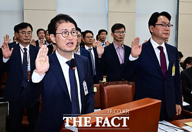 김승룡 당시 소방청장 직무대행이 지난해 10월 서울 여의도 국회 행정안전위원회에서 열린 중앙선거관리위원회 등에 대한 국정감사에 출석해 증인선서를 하고 있다. /더팩트DB
