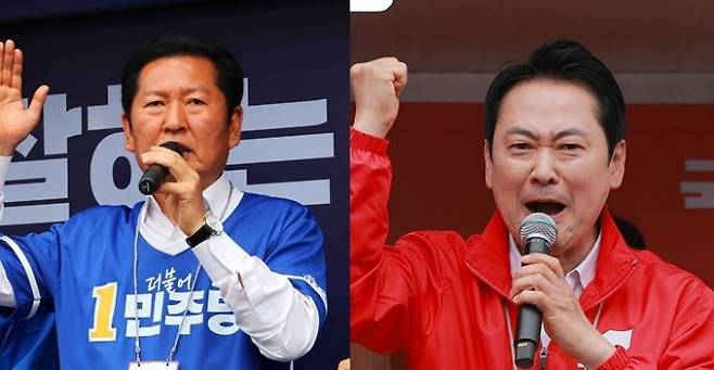 6·3 지방 선거 지원 유세를 펼치고 있는 정청래 더불어민주당 대표(사진 왼쪽)와 장동혁 국민의힘 대표. 연합뉴스 제공