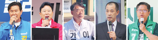(왼쪽부터) 더불어민주당 김경호, 국민의힘 서태원, 무소속 이충선, 무소속 이진용, 무소속 신동진 가평군수 후보. 가평/김민수기자 kms@kyeongin.com, 이충선 후보 캠프 제공