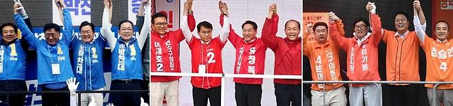 ▲ 6·3 전국동시지방선거 공식선거운동 첫날인 지난 21일 인천시장 후보들이 출정식을 열고 본격적인 선거전에 돌입했다. 박찬대(왼쪽부터) 더불어민주당 후보가 미추홀구 옛 시민회관 쉼터에서, 유정복 국민의힘 후보가 연수구 송도역 앞에서, 이기붕 개혁신당 후보가 연수구 옥련시장 앞에서 각각 지지를 호소하고 있다. /이재민 기자 leejm@incheonilbo.com