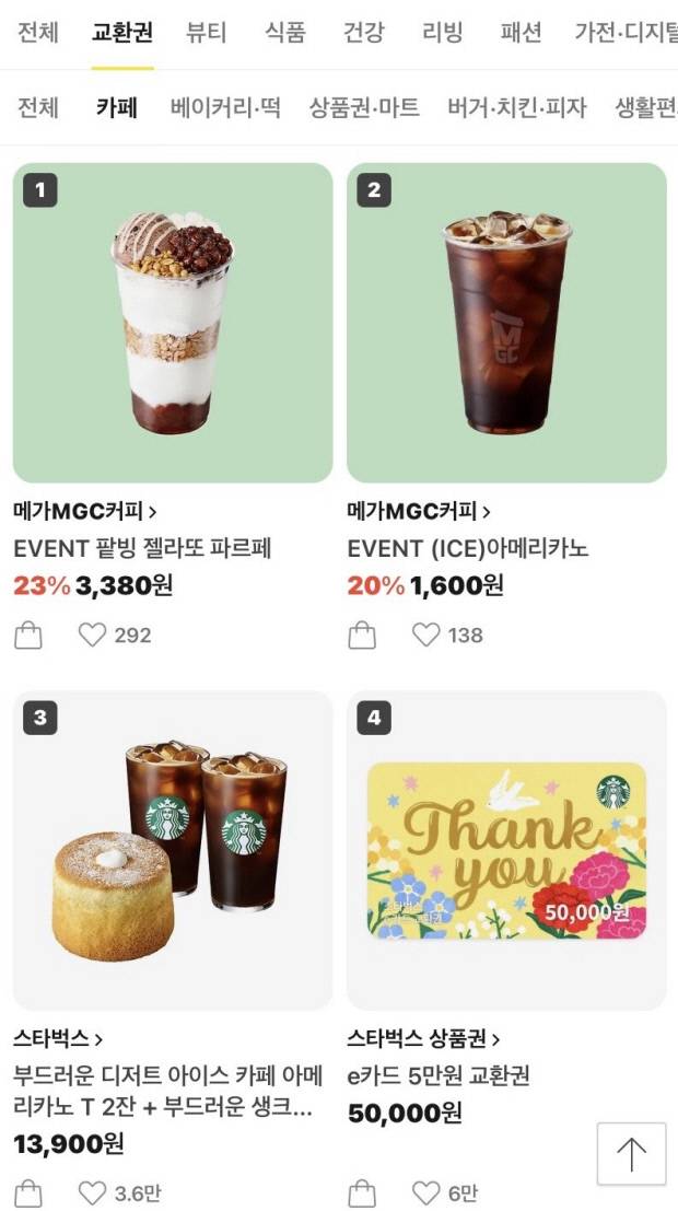 25일 오후 5시 기준 카카오톡 선물하기 카페 카테고리 인기 순위. 메가MGC커피 교환권이 1·2위를 차지했고 스타벅스 교환권은 3위에 올랐다. 카카오톡 선물하기 캡처