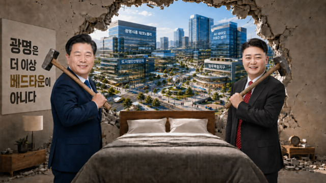 서울의 배후 주거지로 여겨져 온 광명은 이제 자족도시를 향한 전환점에 서 있다. 광명시흥 테크노밸리와 도시첨단산업단지 등 일자리와 산업 기반을 넓히는 사업이 추진되면서 도시의 성격도 바뀌고 있다. 인공지능(AI)은 광명시장 후보들을 ‘베드타운’의 벽을 깨고 자족도시의 문을 여는 모습으로 형상화했다. 광명을 자족도시로 이끌 사람은 누구일까. 챗GPT생성 이미지. 조주현기자
