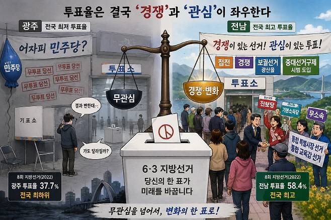 2022년 치러진 8회 지방선거에서 전국 최저 투표율을 기록한 광주가 6월 치러지는 9회 지방선거에서 투표율이 얼마나 나올 지 주목된다.사진은 지난 8회 지방선거에서 전국 최저 투표율을 기록한 광주와 최고 투표율을 기록한 전남을 비교한 일러스트. /AI생성이미지