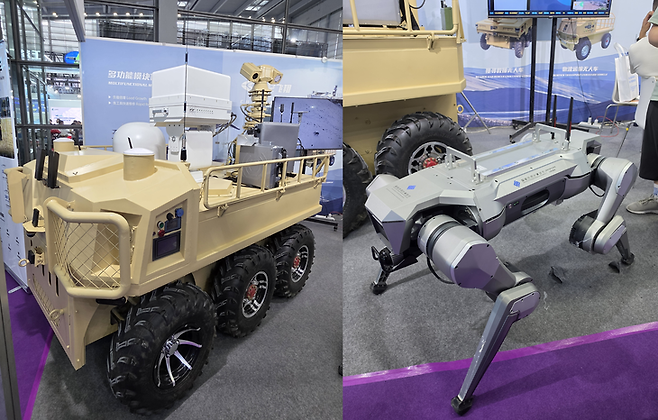 ▲대 드론 장비가 탑재된 무인 차량(UGV)과 4족 보행 로봇 개. 사진=박규빈 기자