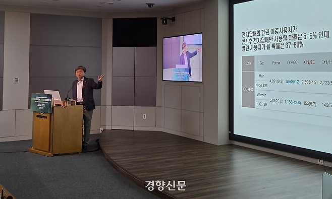 조홍준 울산대 의대 명예교수가 27일 ‘전자담배 팩트체크 & 니코틴 대체제의 올바른 이해’ 포럼에서 전자담배의 건강 위해성에 관해 발표하고 있다. 김태훈 기자