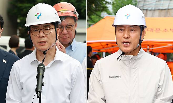 정원오 더불어민주당 서울시장 후보가 26일 오후 붕괴사고가 발생한 서울 서대문구 서소문 고가 철거 현장을 찾아 관련 입장을 밝히고 있다. 오른쪽은 같은 날 오세훈 국민의힘 서울시장 후보가 서울 서대문구 서소문 고가차도 붕괴 사고 현장에서 발언하고 있는 모습. 뉴스1·뉴시스