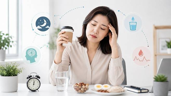 카페인에 의존한 피로 관리는 일시적일 뿐, 수면·수분·식사 리듬을 함께 점검하는 것이 만성 피로 관리의 출발점이다|출처: ChatGPT 생성