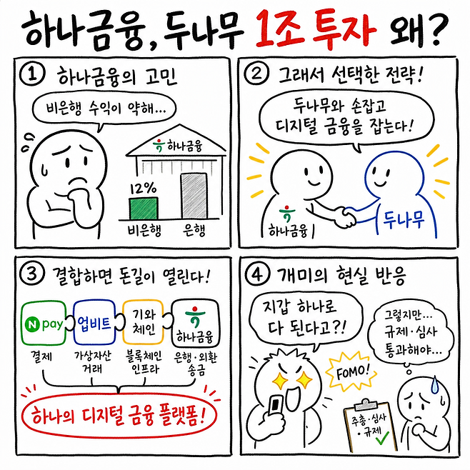 오늘의 4컷 만화 - ‘하나금융, 두나무 1조 투자 왜?’ < 생성 : 챗GPT >