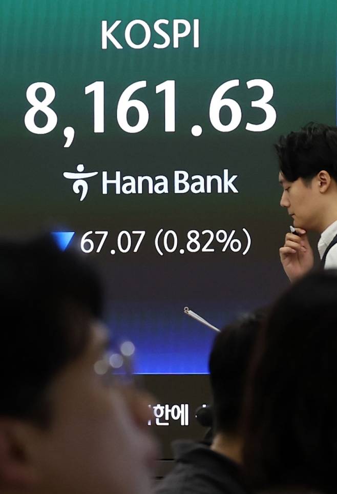 코스피 ‘숨고르기’…8,160선 출발 - 사상 최고치를 경신했던 코스피가 하락 출발한 28일 서울 중구 하나은행 본점 딜링룸. 지수는 전 거래일 대비 62.97포인트(0.77%) 내린 8,165.73으로 시작해 약세를 보이고 있다. 2026.5.28 연합뉴스
