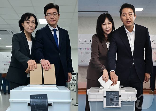 정원오 더불어민주당 서울시장 후보(왼쪽)와 오세훈 국민의힘 서울시장 후보가 제9회 전국동시지방선거 사전투표 첫날인 29일 오전 배우자와 함께 각각 사전투표소인 소공동 행정복합청사와 한남동 주민센터에서 한 표를 행사하고 있다. 2026.5.29 ⓒ 뉴스1