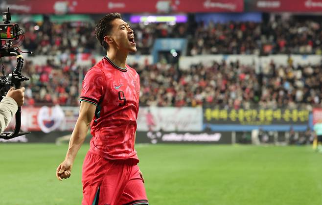 <yonhap photo-6780="">지난해 11월 14일 대전월드컵경기장에서 열린 남자축구 국가대표 A매치 평가전 대한민국과 볼리비아의 경기. 조규성이 골을 넣은 뒤 환호하고 있다. 사진=연합뉴스</yonhap>