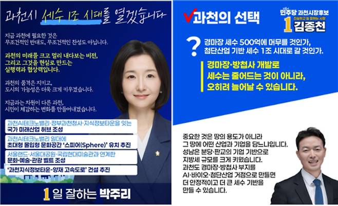 왼쪽부터 박주리 과천 경기도의원 후보, 김종천 과천시장 후보 공약 홍보물. SNS 캡처