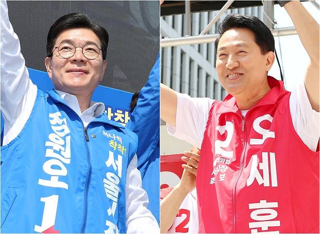 5월23일 정원오 더불어민주당 서울시장 후보가 서울 서대문구 홍제동 일대에서(사진 왼쪽), 오세훈 국민의힘 서울시장 후보가 강서구 발산역 인근 광장에서(사진 오른쪽) 유세하고 있다. ⓒ 연합뉴스