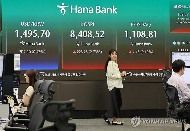코스피 상승, 환율 하락 출발 (서울=연합뉴스) 이재희 기자 = 29일 서울 중구 하나은행 본점 딜링룸에서 직원들이 업무를 보고 있다. 이날 코스피는 전장보다 199.02포인트(2.43%) 오른 8,384.31로, 원달러 환율은 7.3원 내린 1,495.5원으로 시작했다. 2026.5.29 scape@yna.co.kr