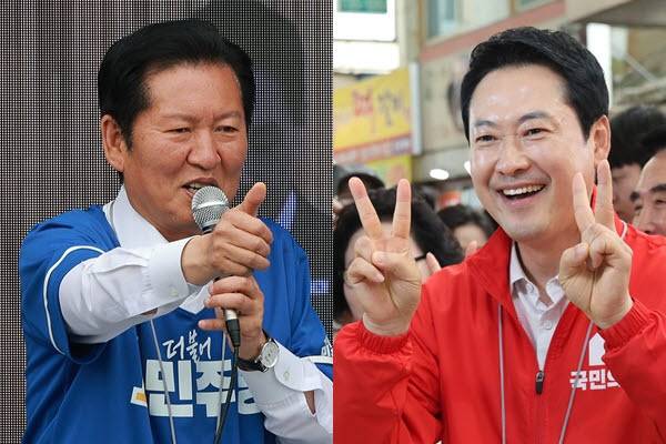 정청래 더불어민주당 상임선대위원장(왼쪽)과 장동혁 국민의힘 상임선대위원장(사진=연합뉴스)