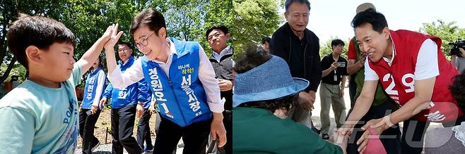 정원오 더불어민주당 서울시장 후보(왼쪽)와 오세훈 국민의힘 서울시장 후보가 각각 30일 서울 성동구 서울숲과 영등포구 여의도 한강공원을 찾아 시민들과 인사를 나누고 있다. 2026.5.30 ⓒ 뉴스1 김진환 기자,이호윤 기자