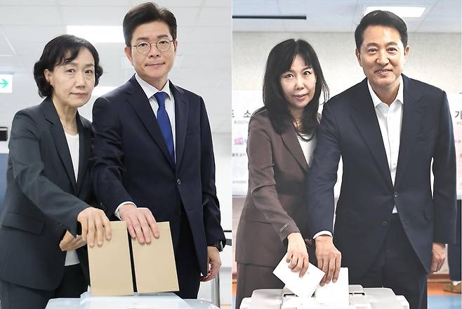 정원오 더불어민주당 서울시장 후보 내외(왼쪽)와 오세훈 국민의힘 서울시장 후보 내외가 29일 서울 중구 소공동행정복합청사에 마련된 사전투표소와 용산구 한남동 주민센터에 마련된 사전투표소에서 각각 소중한 한 표를 행사하고 있다. 뉴시스