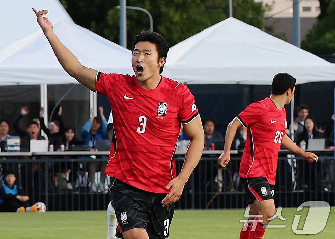 대한민국 축구대표팀 조규성이 30일(현지시간) 미국 유타주 솔트레이크시티 브리검 영 대학교 BYU 사우스필드 경기장에서 2026 국제축구연맹(FIFA) 북중미 월드컵 앞두고 열린 대한민국과 트리니다드 토바고의 평가전에서 골을 넣고 기뻐하고 있다. 2026.5.31 ⓒ 뉴스1 임세영 기자