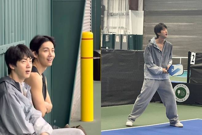 BTS members Jin and V (left) play pickleball in photos and videos shared on social media in April. The sport has recently gained traction in Korea, particularly among younger players and social sports communities. (Instagram)