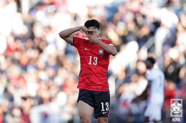 대한민국 축구대표팀이 31일 BYU 사우스 필드에서 열린 트리니다드토바고와의 평가전에서 5-0으로 승리했다. 득점한 뒤 세레머니를 하고 있는 손흥민./대한축구협회 제공