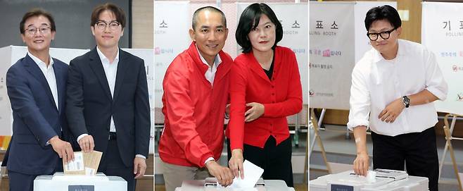 부산 북구갑 국회의원 후보들이 29일 부산 북구 덕천2동행정복지센터와 만덕제2동행정복지센터에서 각각 사전투표를 하고 있다. 왼쪽부터 전재수 더불어민주당 부산시장 후보와 함께 투표한 하정우 더불어민주당 후보, 부인 배정혜 씨와 투표한 박민식 국민의힘 후보, 한동훈 무소속 후보. 2026.5.29 뉴스1