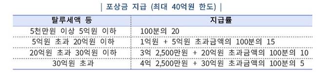 국세청 탈세 제보 포상금 지급률. 국세청 제공