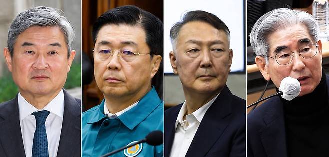 (왼쪽부터)조태용 전 국정원장, 홍장원 전 국정원 차장, 윤석열 전 대통령, 김용현 전 국방부 장관. 연합뉴스