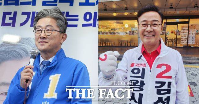 정순욱 민주당 의왕시장 후보(왼쪽)와 김성제 의왕시장 후보. /박아론 기자