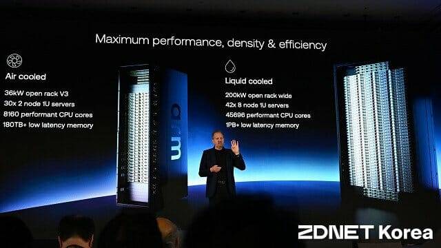 AGI CPU 기반 랙 시스템을 설명하는 르네 하스 Arm CEO. (사진=지디넷코리아)