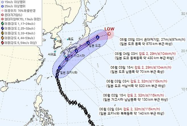 제6호 태풍 장미의 예상 이동 경로. 4일엔 일본 동쪽 해상으로 빠져나갈 것으로 보인다. 기상청.