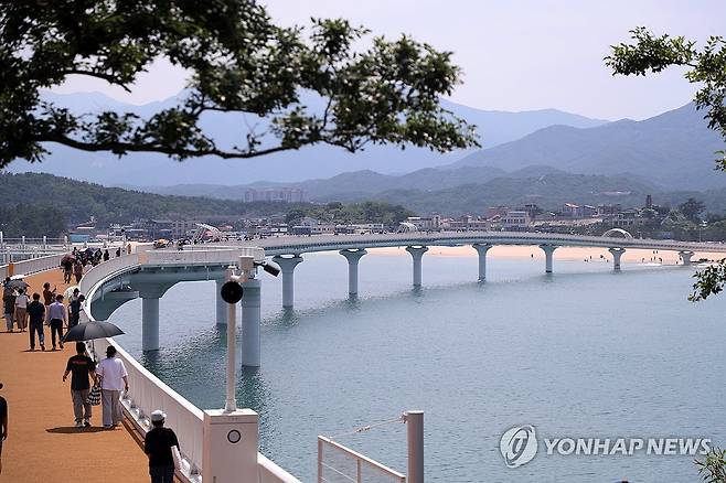 바다 위를 걸어요 (강원 고성=연합뉴스) 류호준 기자 = 2일 강원 고성군 죽왕면 송지호 바다 하늘길을 시민과 관광객들이 걷고 있다. 2026.6.2 ryu@yna.co.kr