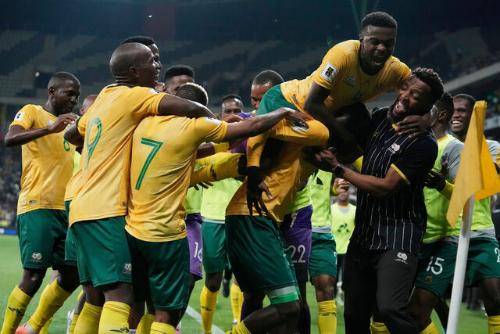 ◇2026 북중미월드컵 본선행을 확정 지은 뒤 기뻐하고 있는 남아공 축구 국가대표팀. 사진=연합뉴스